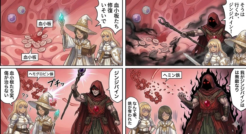 歯周病菌のグラエ菌がヘモグロビンの鎖を切りへミン鉄に変えて取り込み黒色化する様子を説明した画像