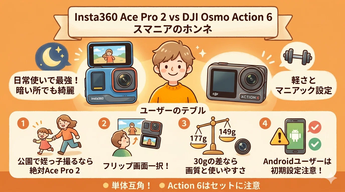DJI Action 6とAce Pro 2を比較。6万円を無駄にしないための徹底検証