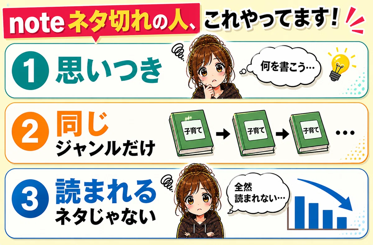 ネタ切れの人がやっていること３つ　①思いつき②同じジャンルだけ③読まれるネタじゃない