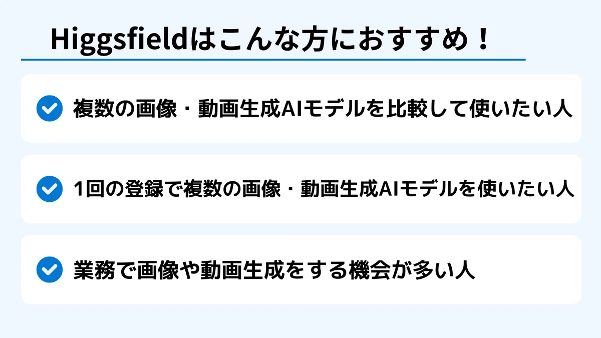 Higgsfieldがおすすめの方。複数のクリエイティブ生成AIを同時につか隊方。1回の登録で複数のAIを使いたい方。画像・動画生成の機会が多い方