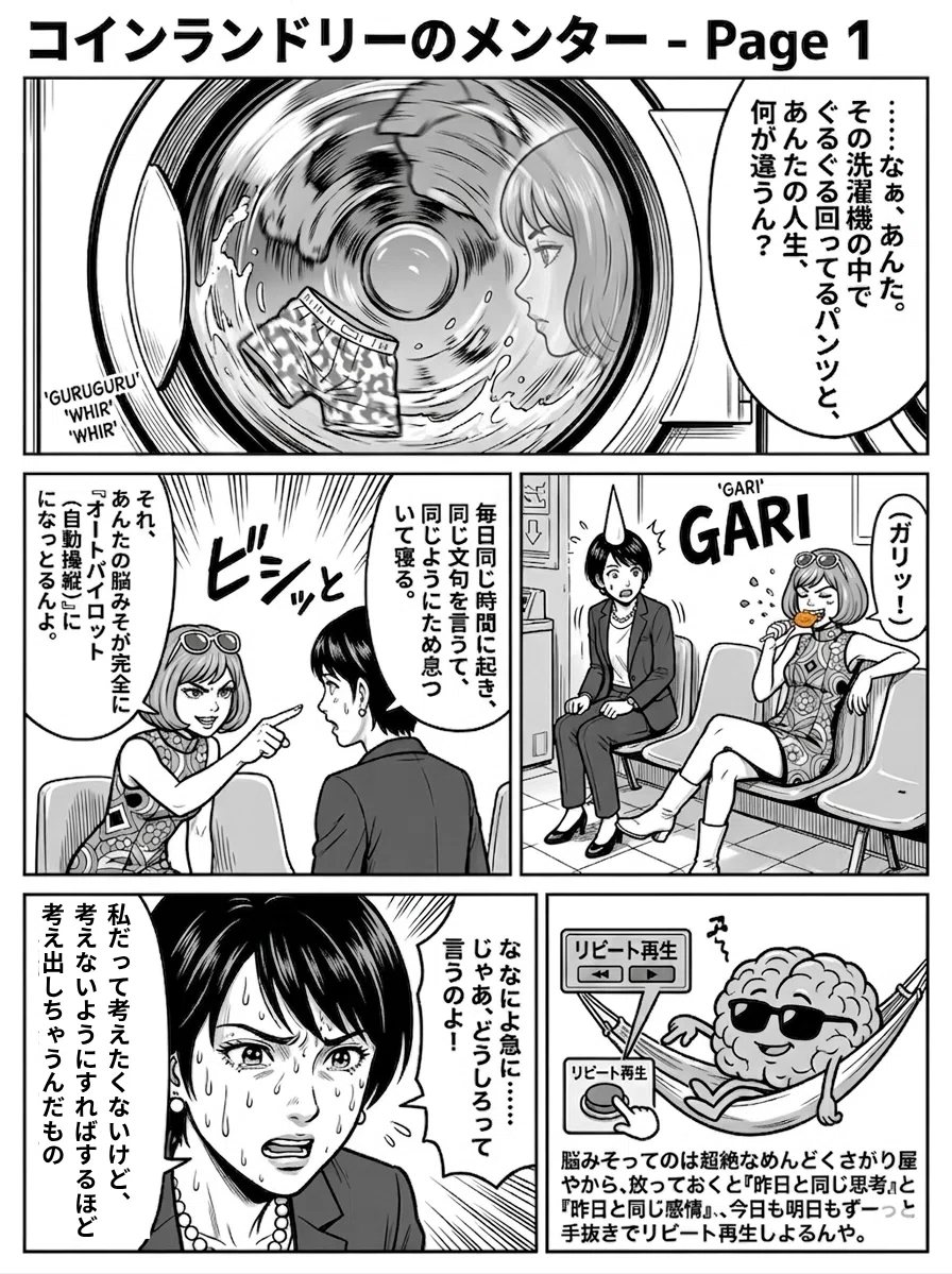 レトロな喫茶店「パーラー天の川」で人生の悩みを抱えてため息をつく女性と、キャンディを舐めながら話を聞くオレンジボブヘアの占い師・五十鈴のイラスト。