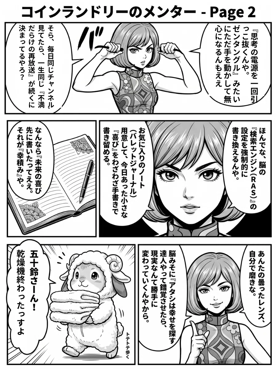 タロットカードや四柱推命を使って、相談者の星(初期装備)の使い間違いを鋭く指摘する占い師・五十鈴のイラスト。