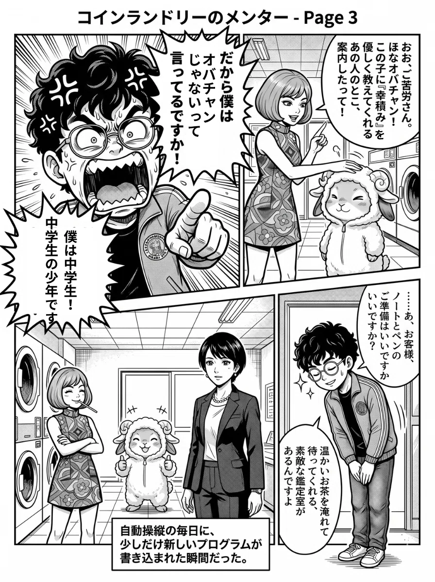 五十鈴の厳しい言葉に後ろで慌てふためく、ジャージ姿の中学生(オバチャン)と、ひつじの着ぐるみを着たウサギ(はしぞう)のコミカルなイラスト。