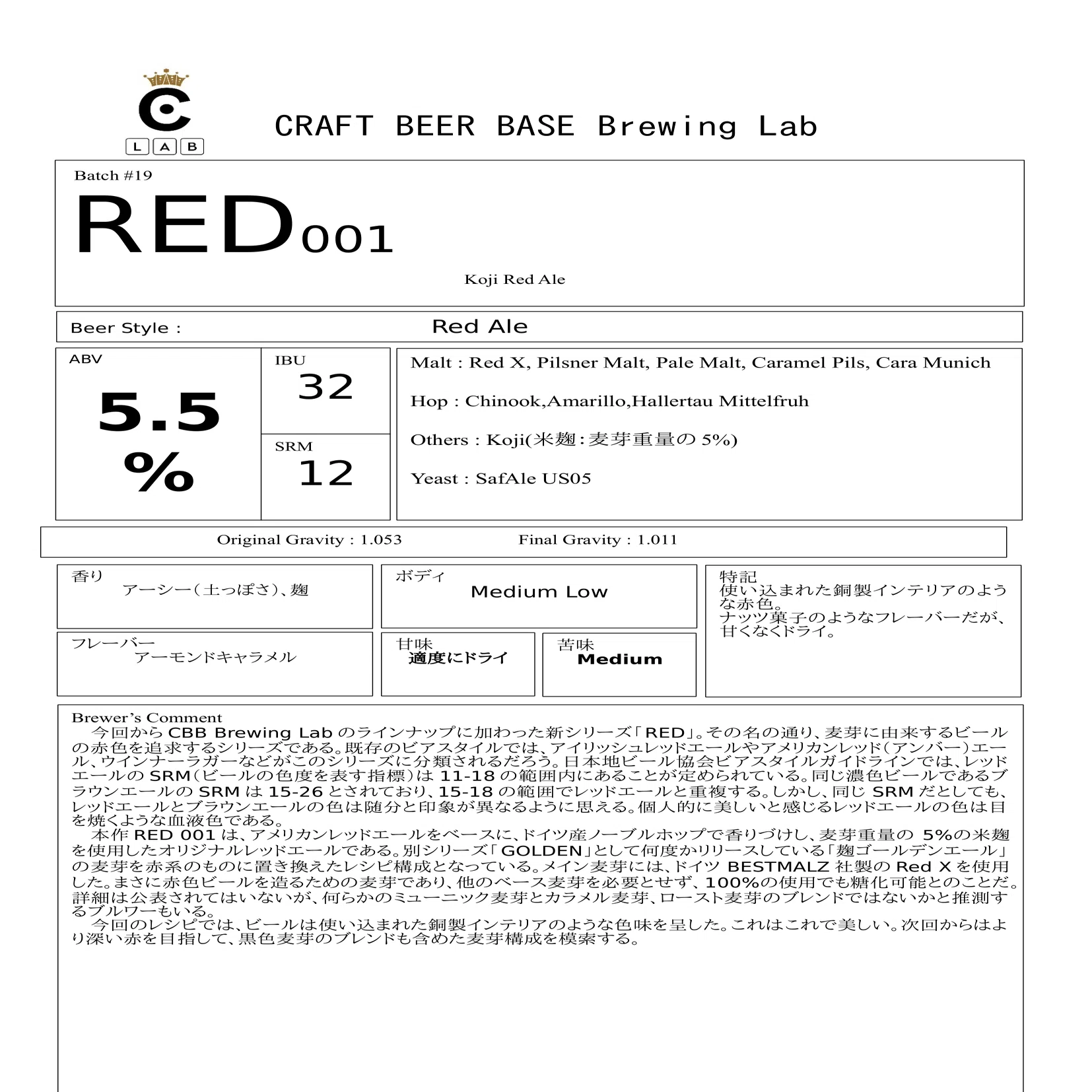 19 RED 001 (Koji Red Ale)｜CRAFT BEER BASE Brewery