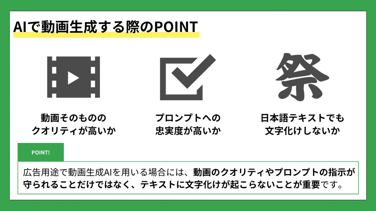 AIで動画生成する際のPOINT
動画そのものの プロンプトへの 日本語テキストでも
クオリティが高いか 忠実度が高いか 文字化けしないか
POINT!
広告用途で動画生成AIを用いる場合には、動画のクオリティやプロンプトの指示が守られることだけではなく、テキストに文字化けが起こらないことが重要です。