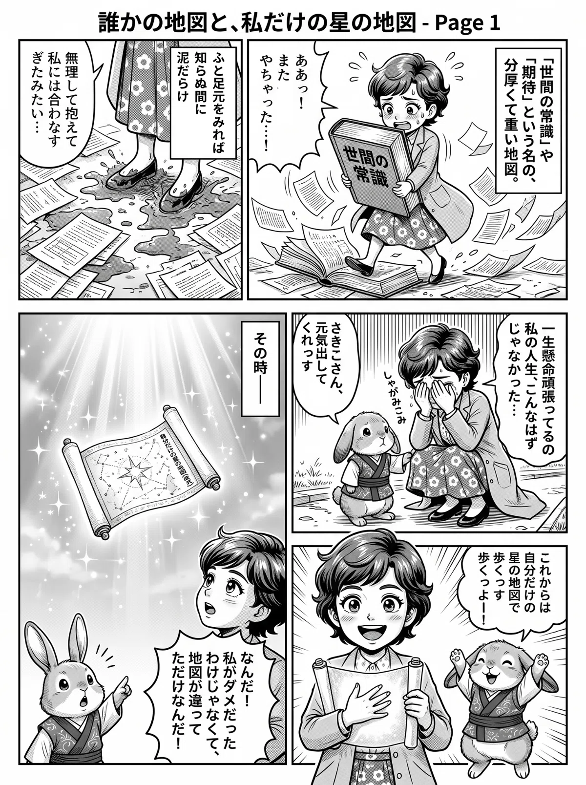 重い「世間の常識」という地図を抱えて苦しんでいた主人公が、空から舞い降りた「自分だけの星の地図(四柱推命の命式)」を受け取ってパッと笑顔になるストーリーマンガ