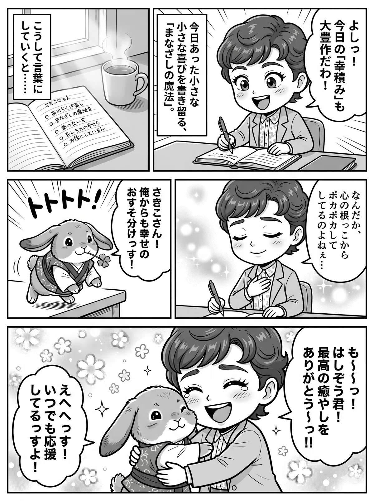 お気に入りの手帳を開いて日々の小さな喜びをノートに書き込む「幸積み」をしている有村幸来子と、その横で寄り添って応援しているホーランドロップのうさぎ「はしぞう君」の温かい癒やしのイラスト