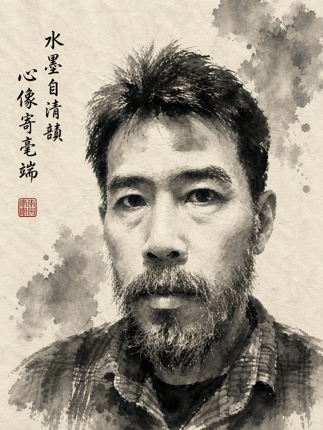水墨画風　鉛筆画　肖像画　人物画　A4 水墨画風に加工した自撮り画像、0505｜雷蔵🎵🍰沈黙の詩人