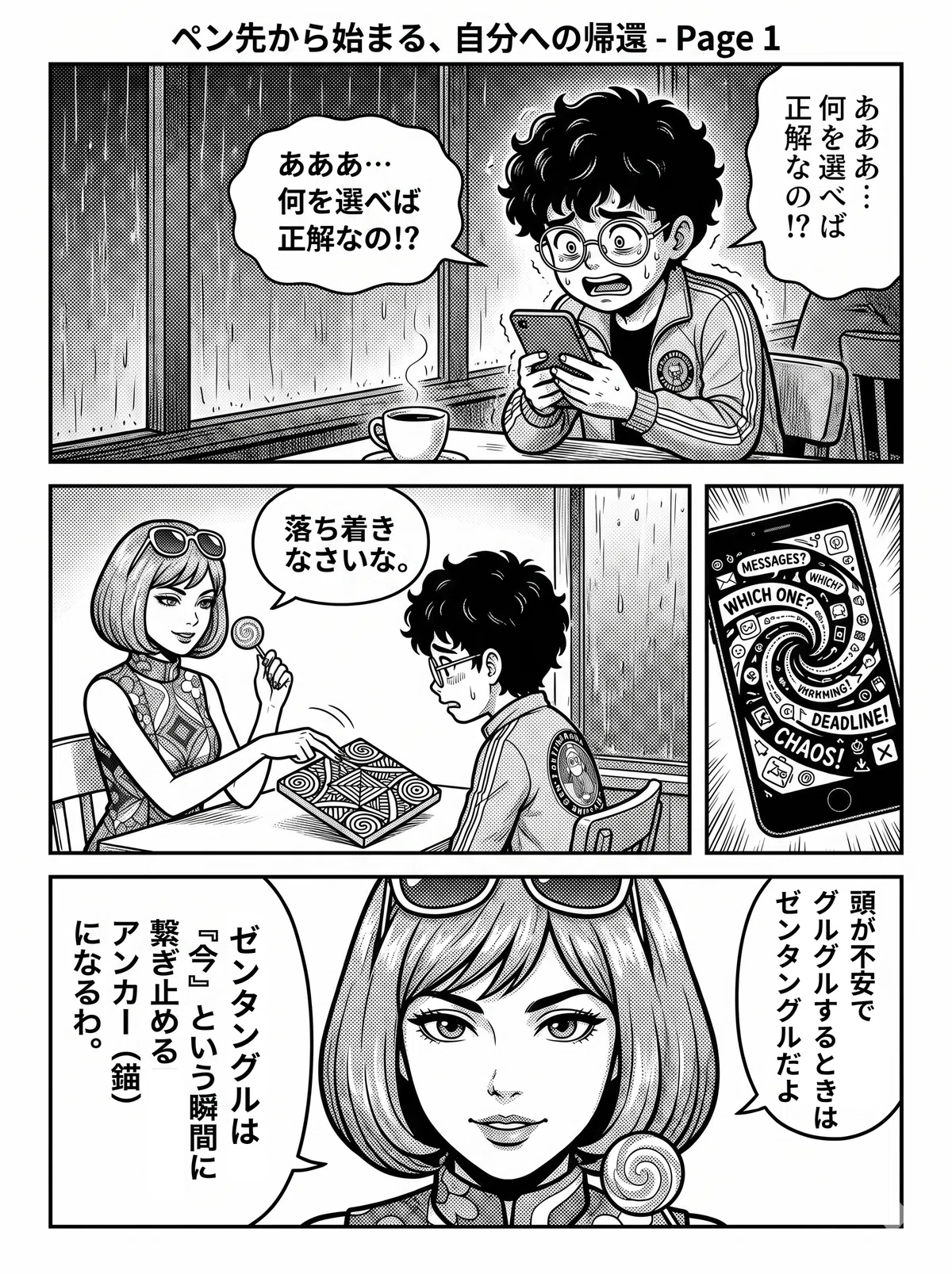 頭の中の黒いモヤモヤとした不安に押しつぶされそうになっている女性。そこへ、オレンジ色のボブヘアに勾玉をつけた五十鈴が現れ、「四の五の言わずに描きなさい」と白いタイルと黒いペンを差し出す漫画の1ページ目