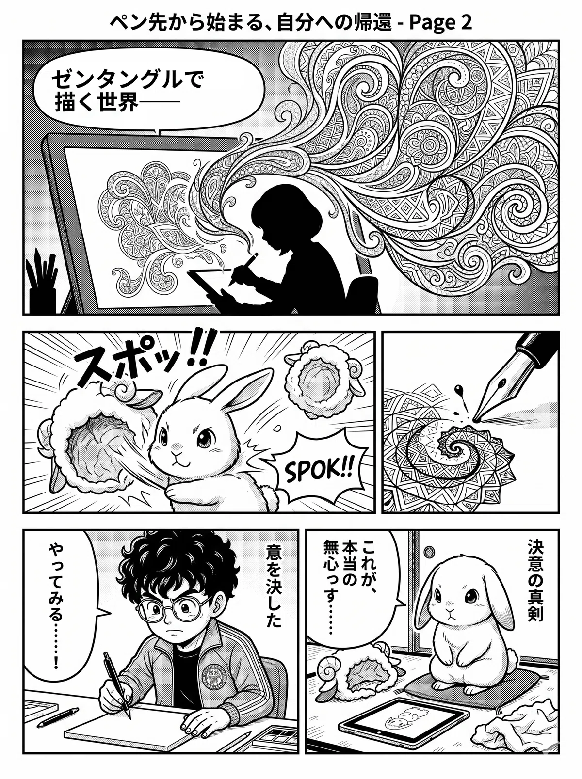 恐る恐るペンを動かし始める女性の横で、ひつじの着ぐるみを着たはしぞうが「わはは！」と笑いヨガをしているシュールな光景。カリカリとペンが紙を滑り、幾何学模様が少しずつ形作られ、少年が深く集中していく漫画の2ページ目