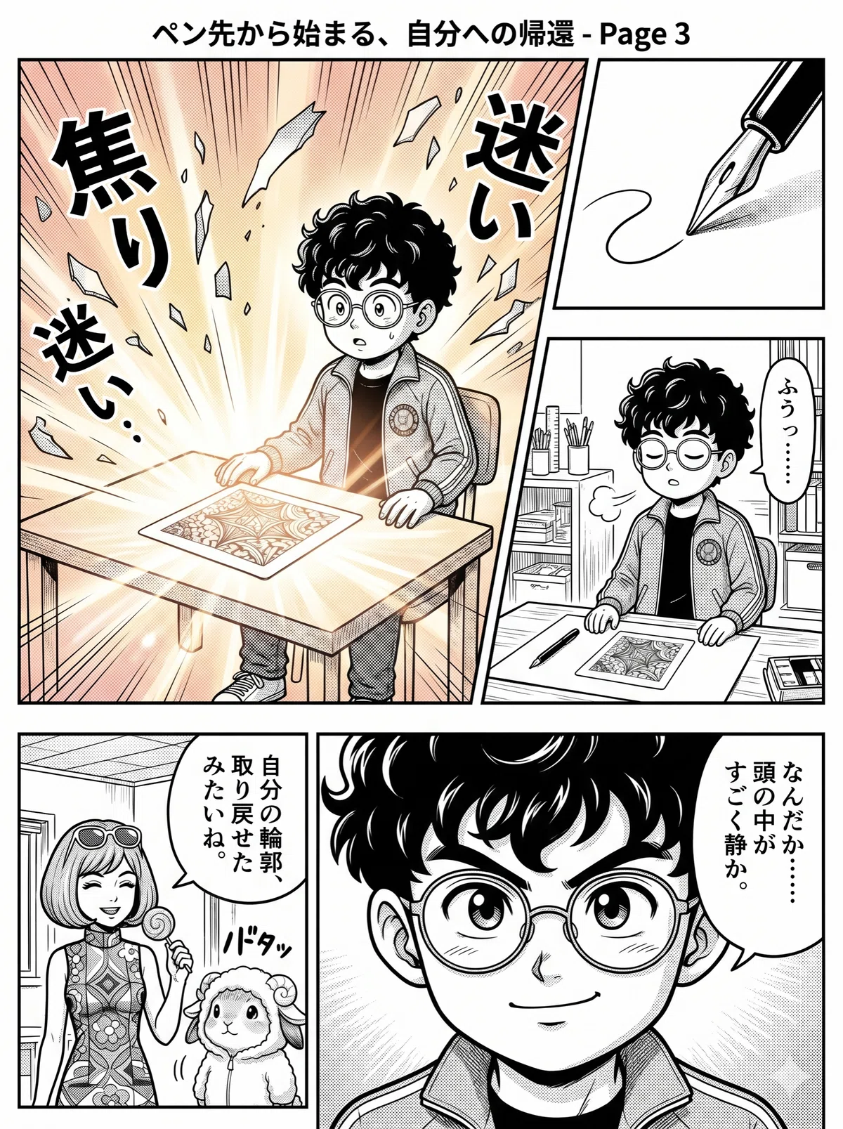 少年の頭を覆っていた真っ黒なノイズがパァンとガラスのように弾け飛び、完成した美しいゼンタングルの模様が光り輝く。憑き物が落ちたように晴れやかで美しい表情を取り戻した女性と、それを見届ける五十鈴の漫画の3ページ目