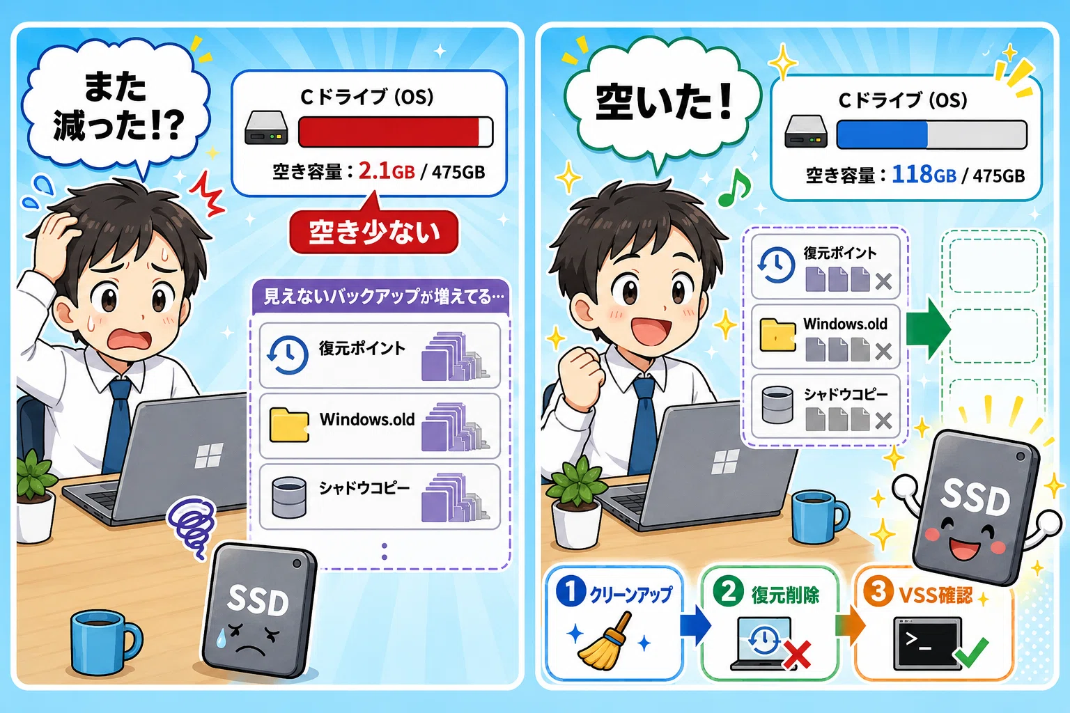 解決】SSD容量が勝手に減る？「隠しバックアップ」を削除して空きを