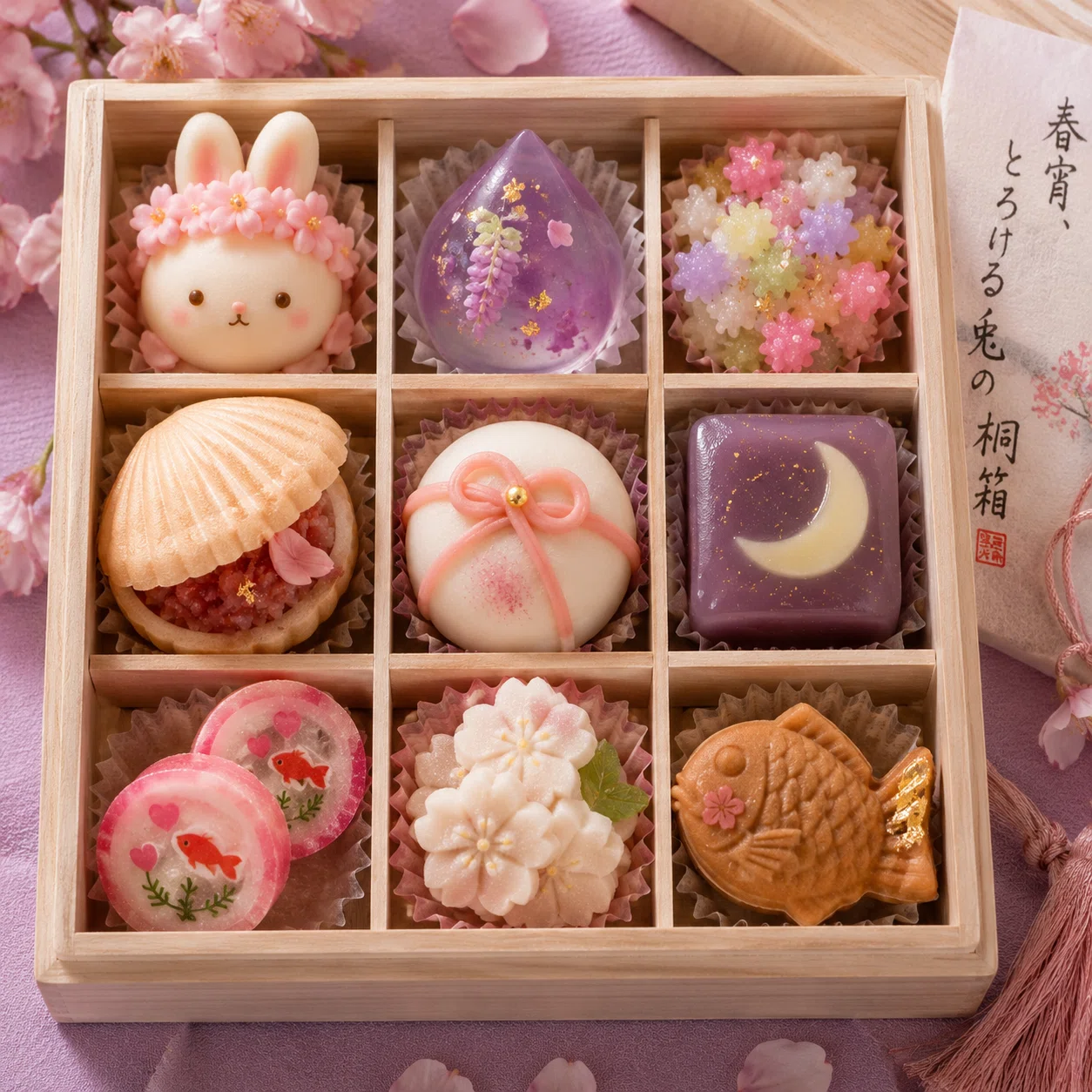 【未使用】翡翠　菓子切　５本セット　桐箱付き プロンプト】九つの縁を詰める桐箱｜ふたりの関係性を3×3の和菓子に