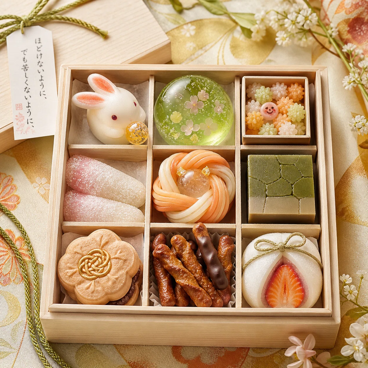 プロンプト】九つの縁を詰める桐箱｜ふたりの関係性を3×3の和菓子に