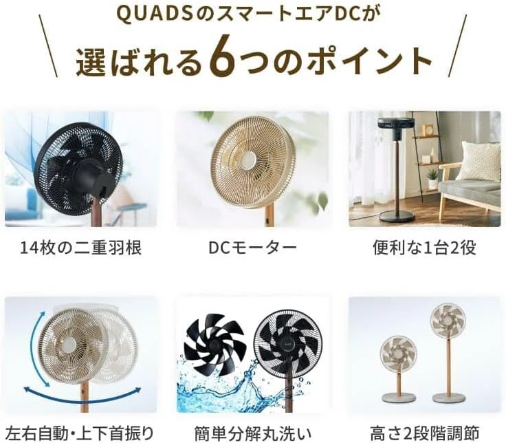 忖度無しレビュー】扇風機 QUADS(クワッズ) 二重14枚羽根 DC スマート
