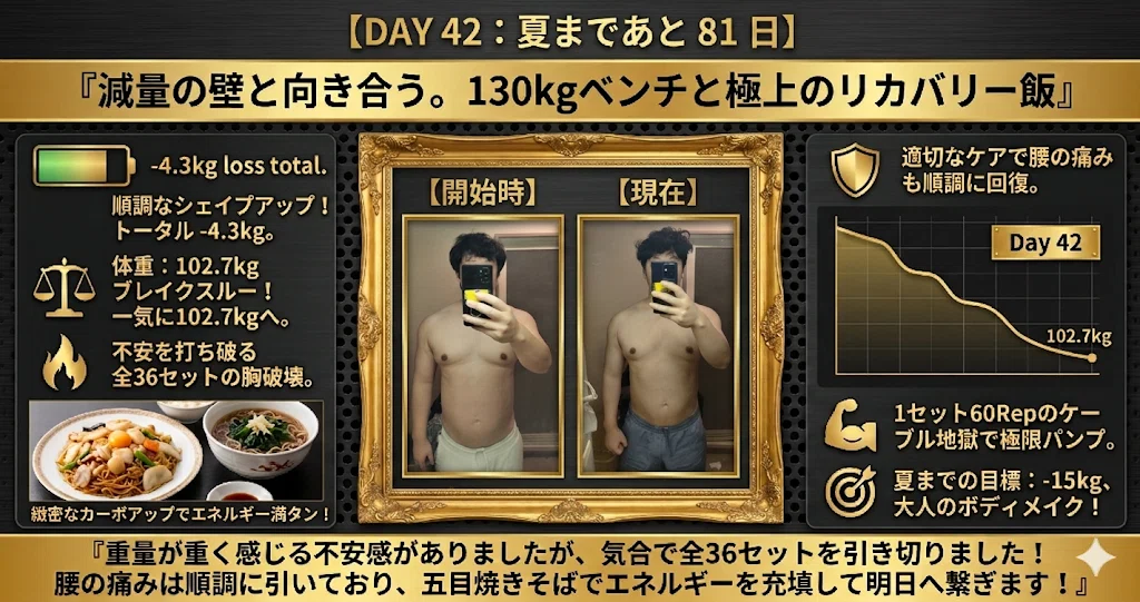 高重量と向き合う減量Day42】アクシデントを乗り越え夏への絞りを加速