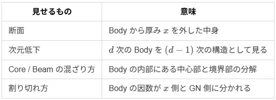 | 見せるもの | 意味 ||---|---|| 断面 | Body から厚み $${x}$$ を外した中身 || 次元低下 | $${d}$$ 次の Body を $${(d-1)}$$ 次の構造として見る || Core / Beam の混ざり方 | Body の内部にある中心部と境界部の分解 || 割り切れ方 | Body の因数が $${x}$$ 側と GN 側に分かれる |