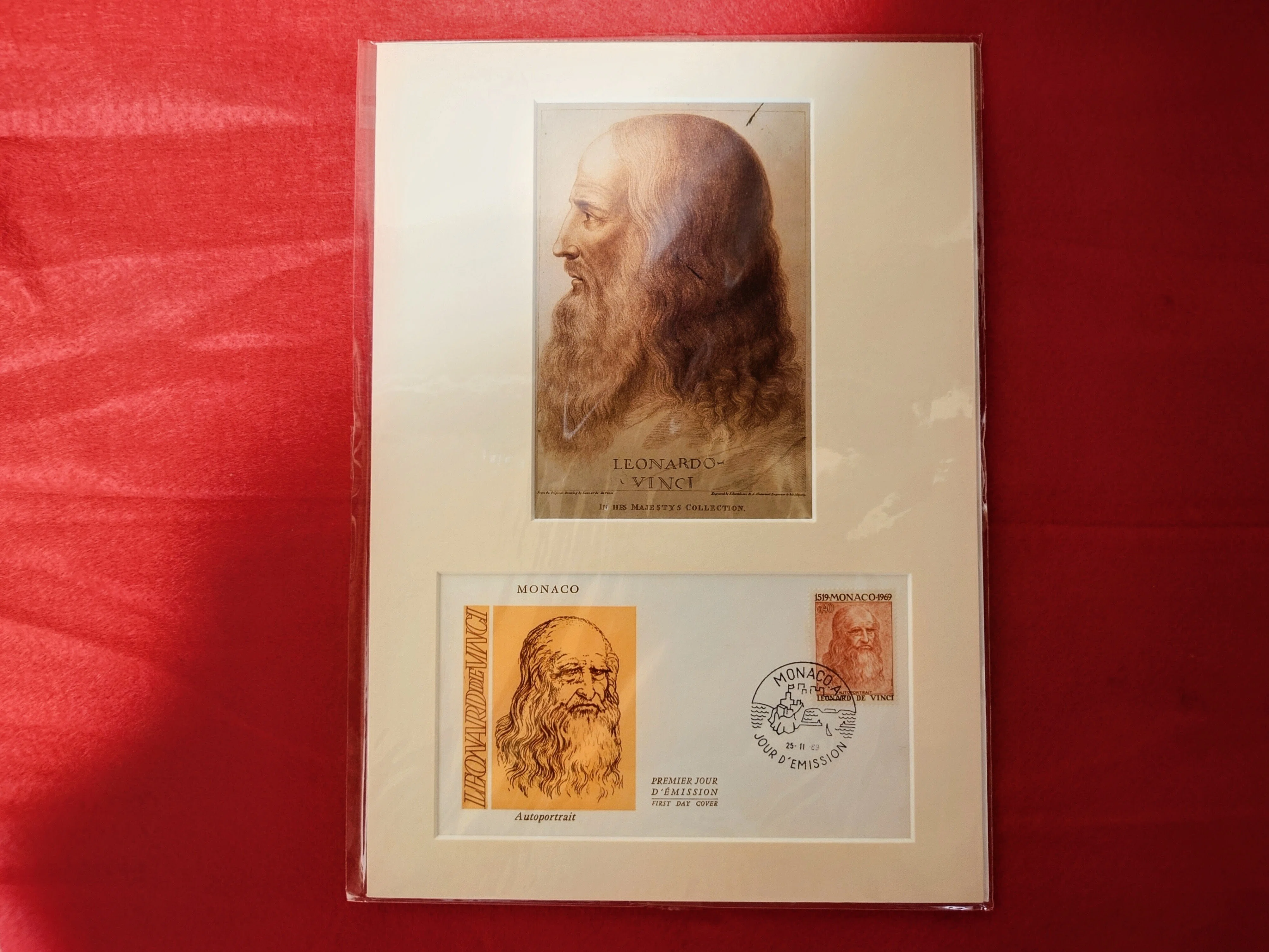 モナコ発行 1969 レオナルド・ダ・ヴィンチ 初日封筒＆肖像版画 額装 初日印 モナコ発行 1969 レオナルド・ダ・ヴィンチ 初日封筒＆肖像版画 額装