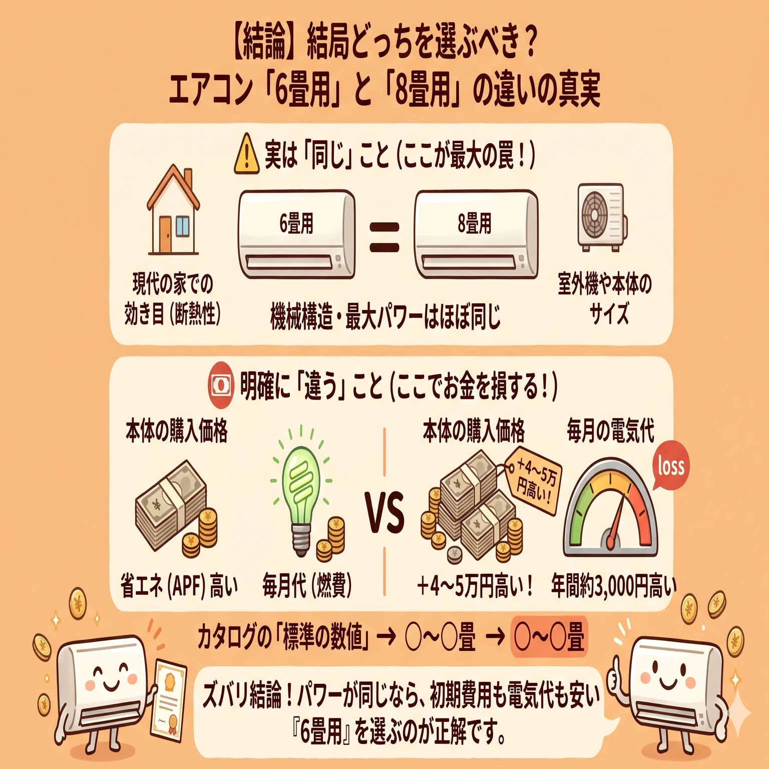 エアコンの6畳と8畳の違い。最大能力は同じ？4.6万円を無駄にしない 