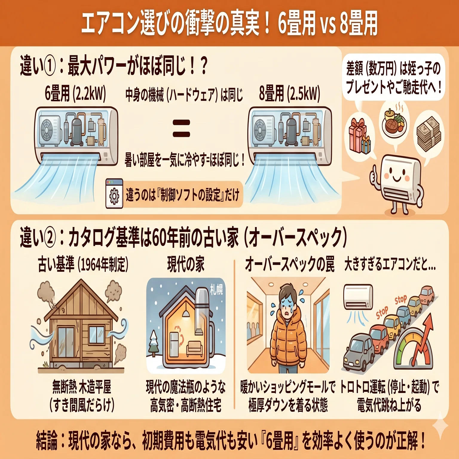 エアコンの6畳と8畳の違い。最大能力は同じ？4.6万円を無駄にしない 