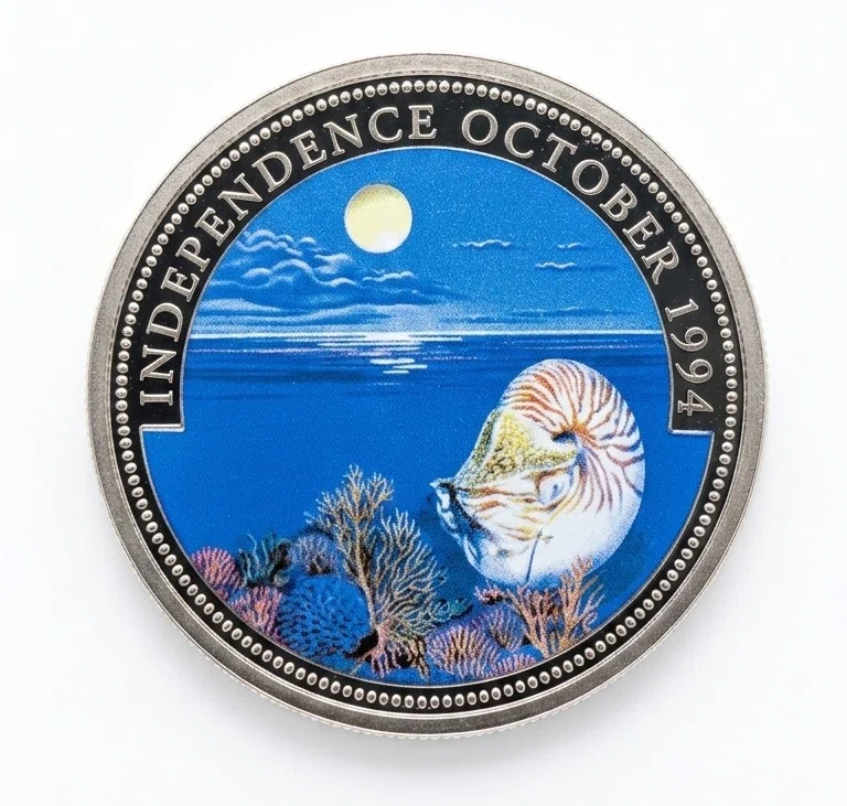 魅惑のカラーコイン】1994年 パラオ独立記念 1ドル硬貨（オウムガイ