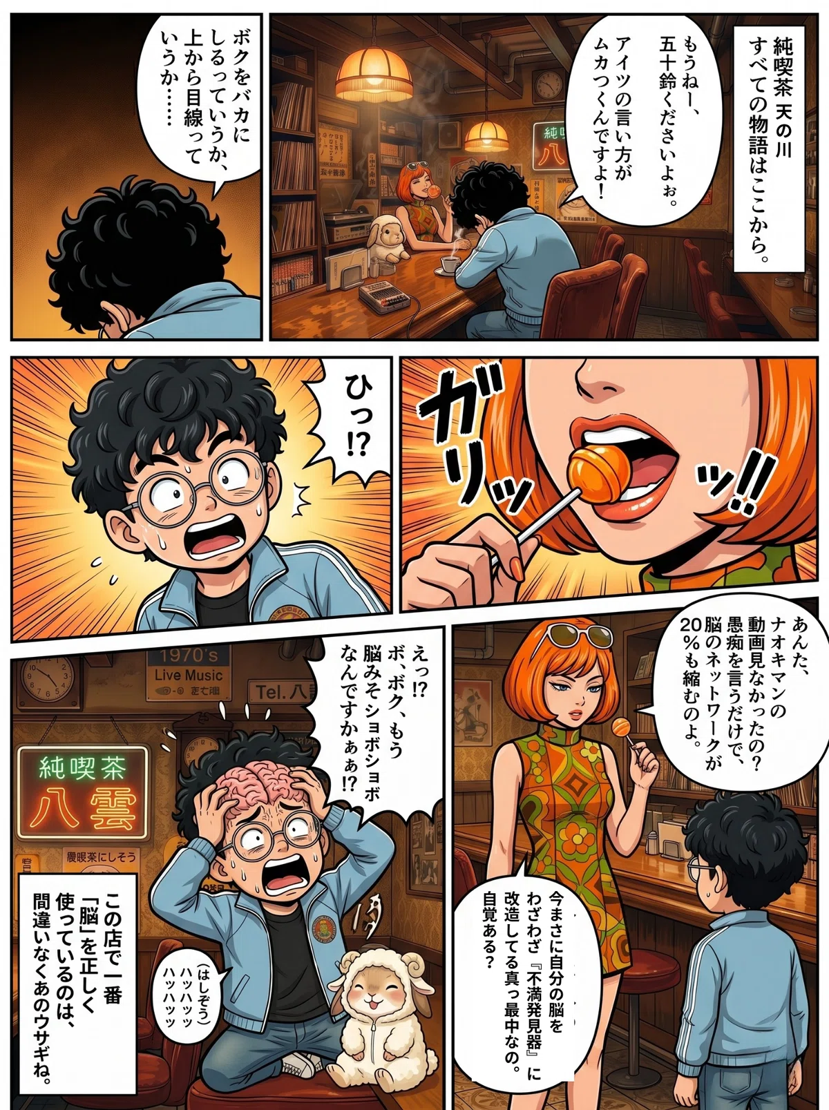 純喫茶八雲のカウンターで愚痴をこぼす中学生のオバチャンに対し、店主の五十鈴が「愚痴を言うだけで脳のネットワークが縮む」と一喝する漫画の1ページ目。足元には笑いヨガをするうさぎのはしぞうの姿