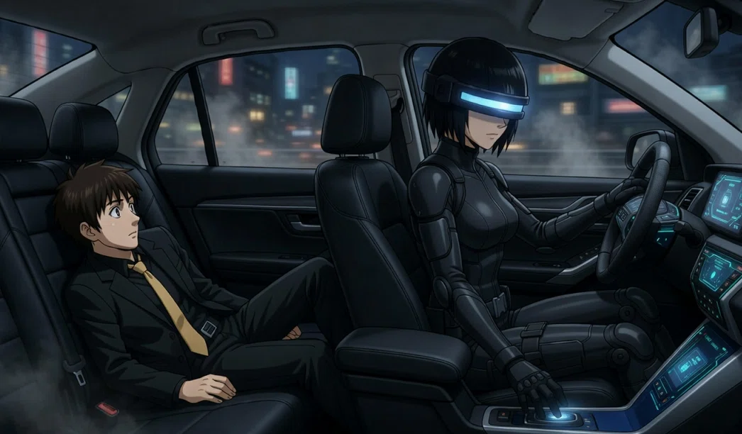 イラスト小説「コードの果て」車に乗り込み本社に向かうゼロとレオンの画像。「コードの果て」で検索!