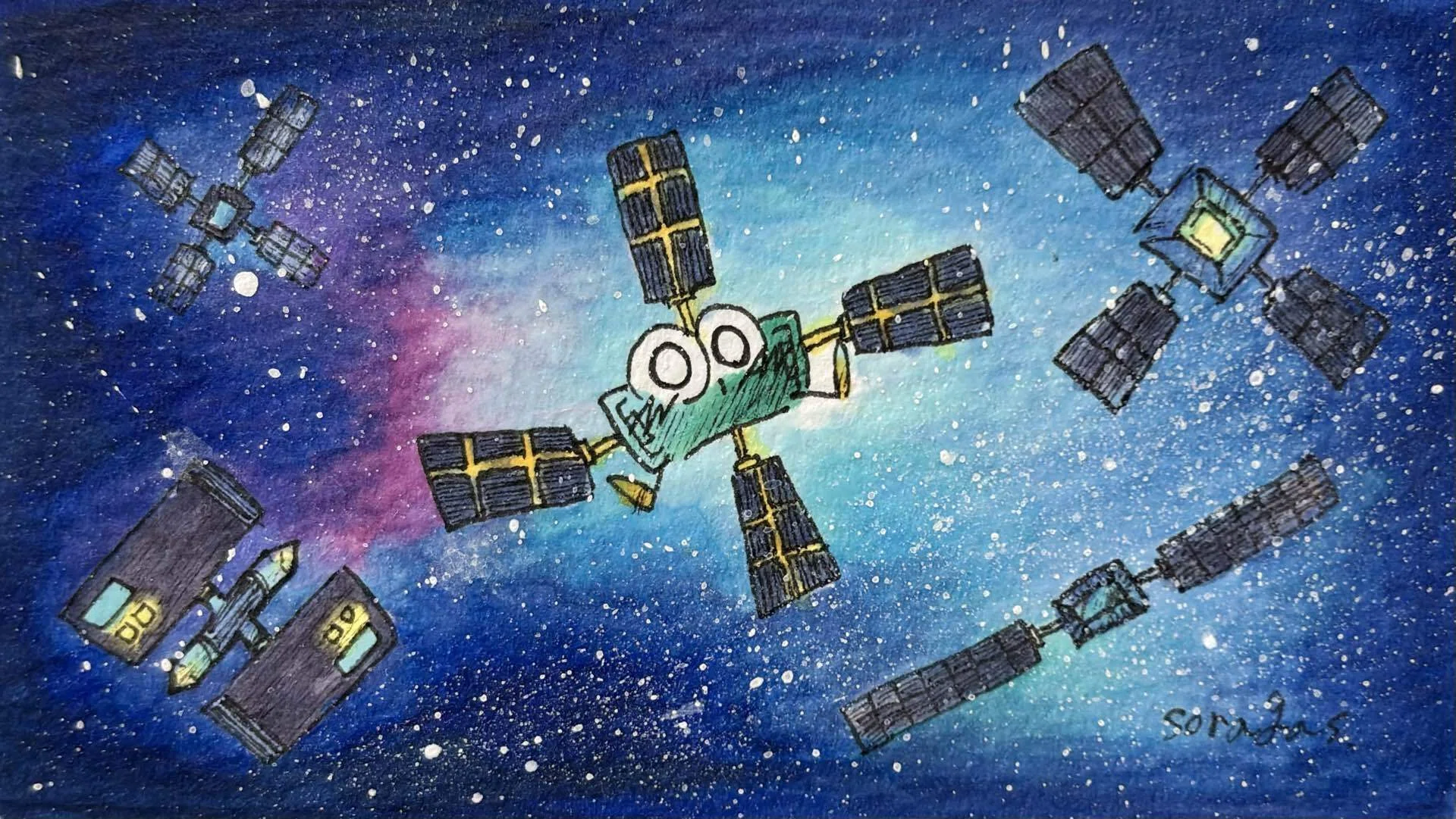 宇宙のイラストお描きします✏️ アナログイラスト】宇宙AIデータセンターの絵ができるまで｜さっつーの