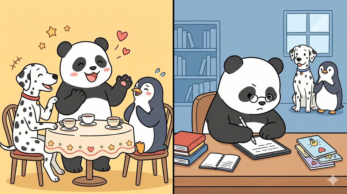 仲良く交流するパンダとストイックに書き続けるパンダの比較