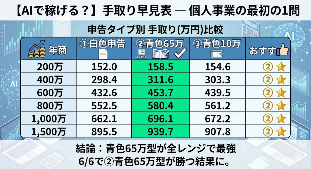 2章【確定申告の3比較】青色65万・専従者180万・共済165.6万 — どれが