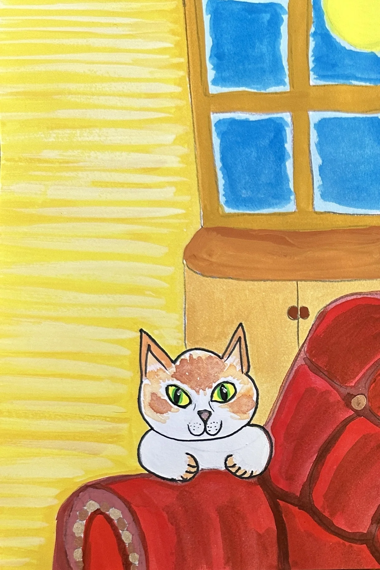 けい様　お取り置き中　自作絵画　黄色いソファ　猫とネズミの絵　買い物帰り サイン入りアートプリント 額装済み（38×30cm）猫とネズミのイラスト