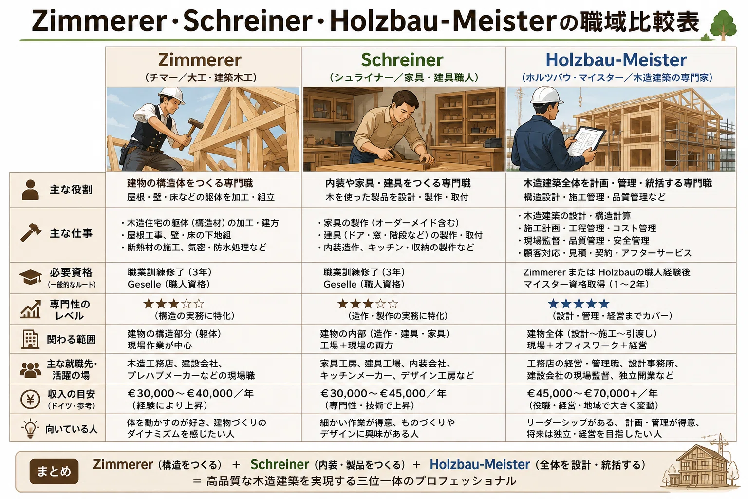 Zimmerer 74,755人・訓練比率11.5%——ドイツの大工が「3年で月1,080