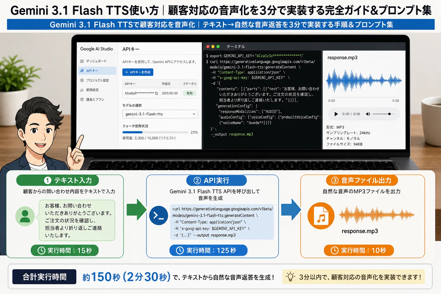 Gemini 3.1 Flash TTS使い方｜顧客対応の音声化を3分で実装する完全