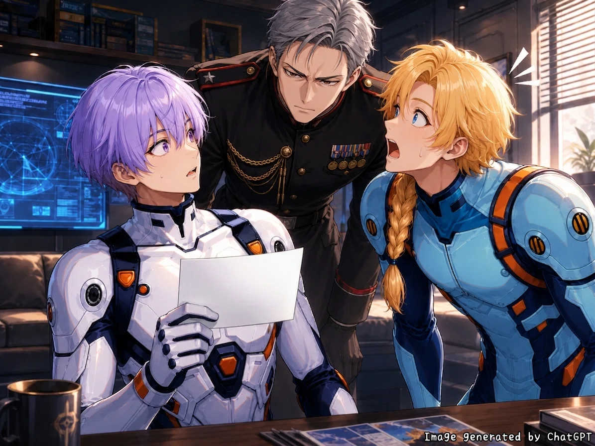 後ろから艦長が登場して、驚く部下たちのシーンのイラスト