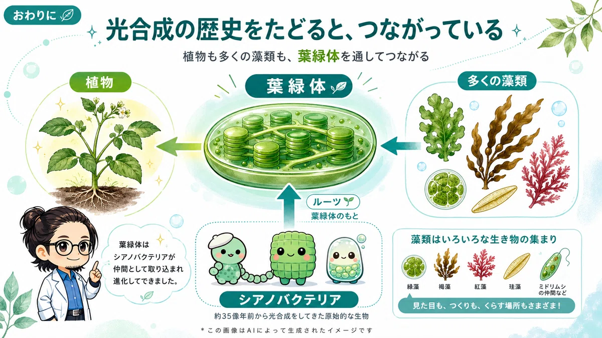植物も藻類も葉緑体で共通していて、葉緑体のルーツはシアノバクテリア