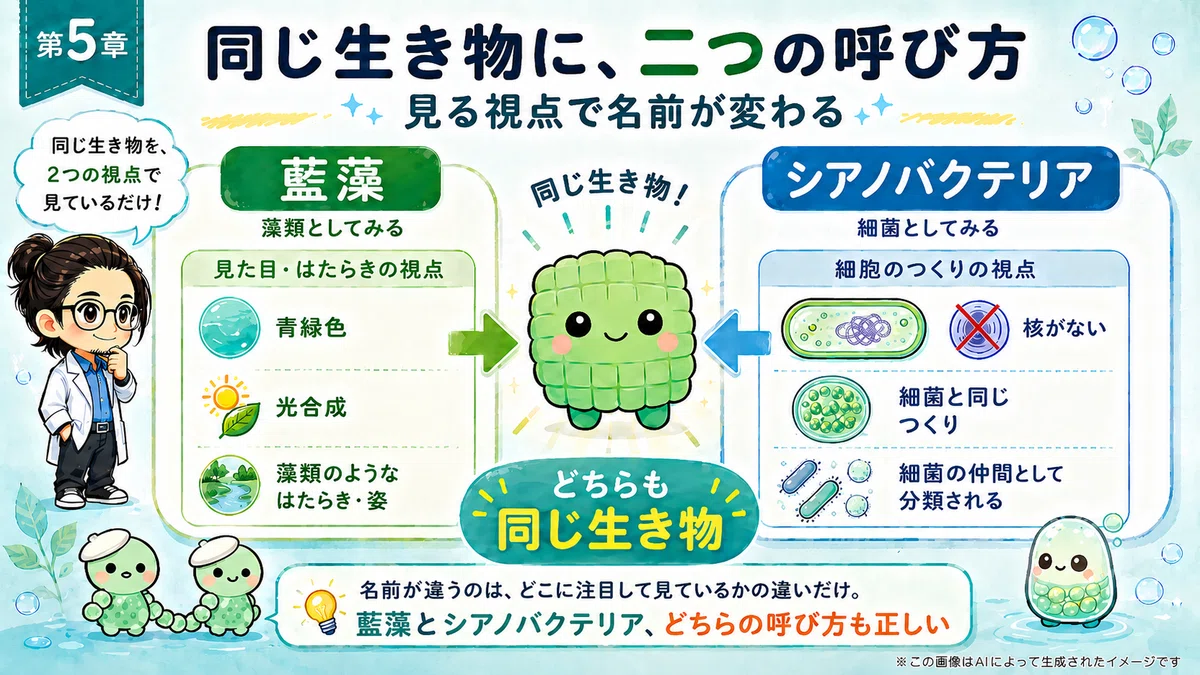 藍藻とシアノバクテリアの2つの呼び方があるのは、注目する視点が違うから