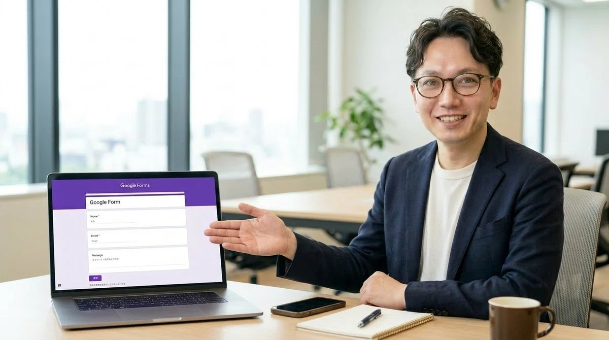 エスワン代表OMASAがノートパソコンでGoogleフォームのお問い合わせページを案内している様子。画面には名前、メールアドレス、メッセージ入力欄と送信ボタンが表示されている