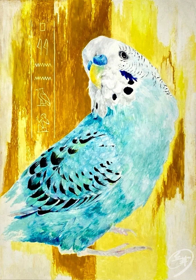 ヒエログリフ・クレヨン画（セキセイインコ）｜丘芽凛子