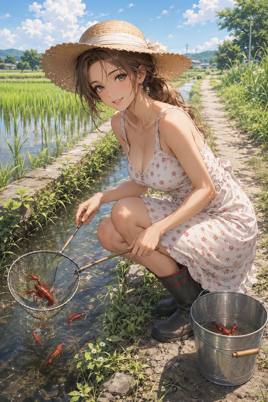 田んぼ道のザリガニ美女