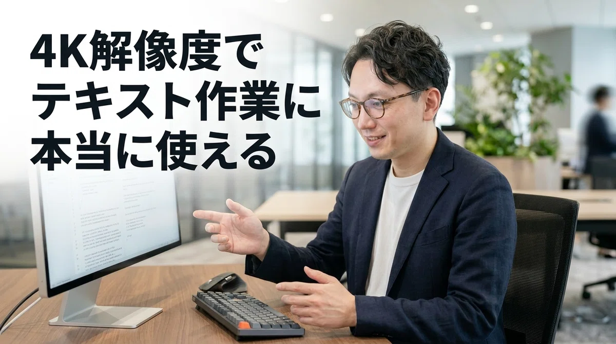 4K解像度でのテキスト作業の実用性を検証するエスワン代表OMASA、デスクワーク環境で集中した表情と姿勢