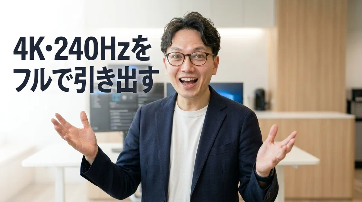4K・240Hzの最大性能を解説するエスワン代表OMASA、興奮した表情で両手を広げてパフォーマンスの高さを強調するジェスチャー