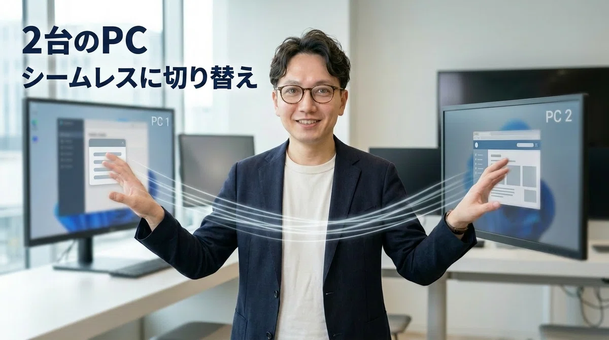 2台のPCのシームレスな切り替えを解説するエスワン代表OMASA、流れるような切り替えジェスチャーと効率的なワークフローを示す自信ある表情