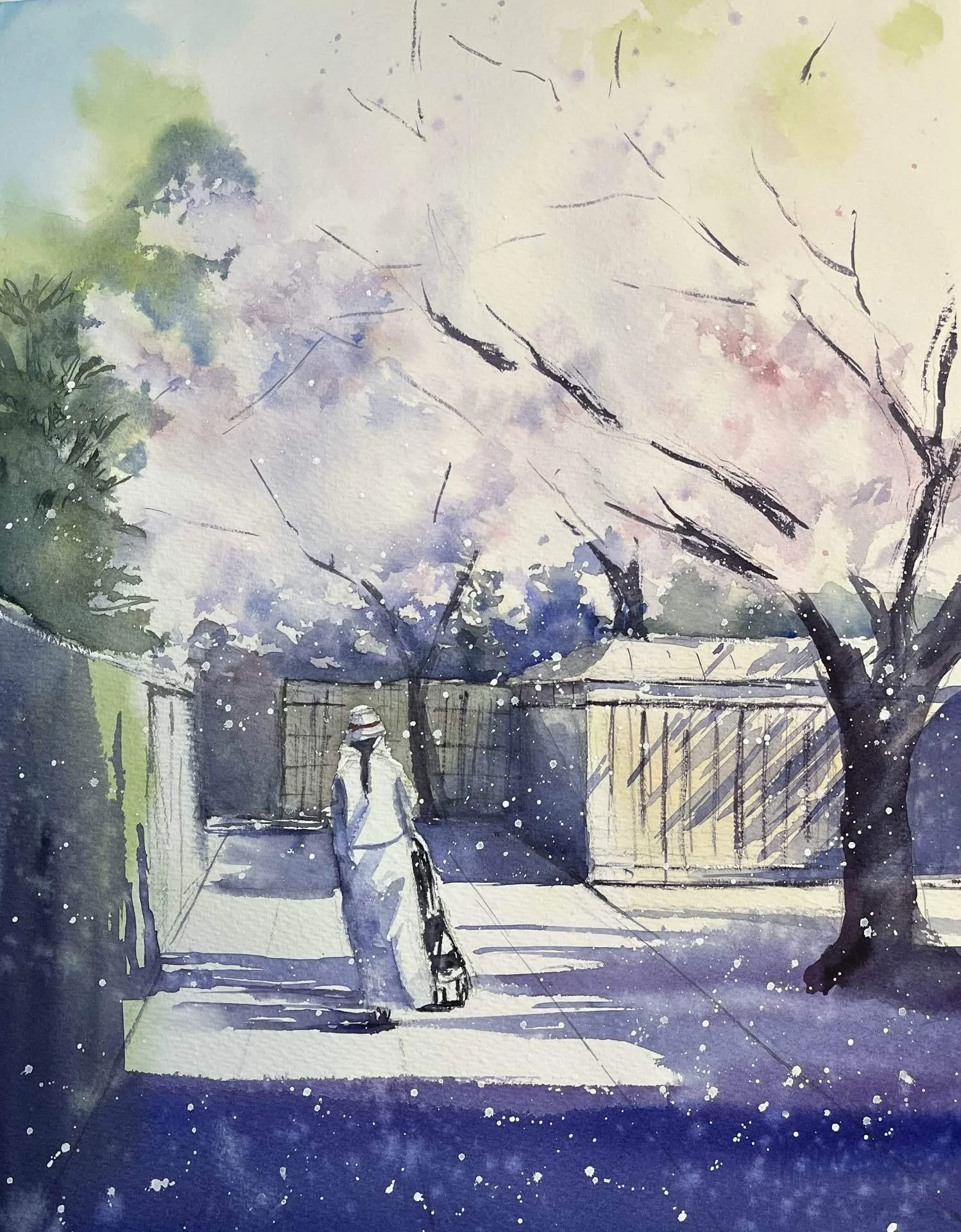 容音水彩画　桜吹雪の中の小鳥さん　値段は※900円です 辻説法通りの桜吹雪[鎌倉]｜m_kino