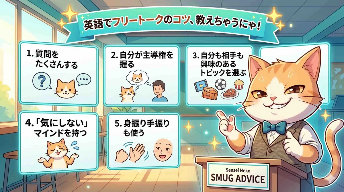 英語でフリートークするコツをドヤ顔で説明するネコ