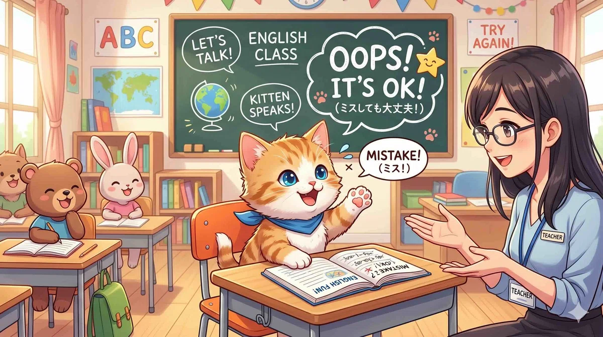 英会話でミスしても全く動じない子ネコ