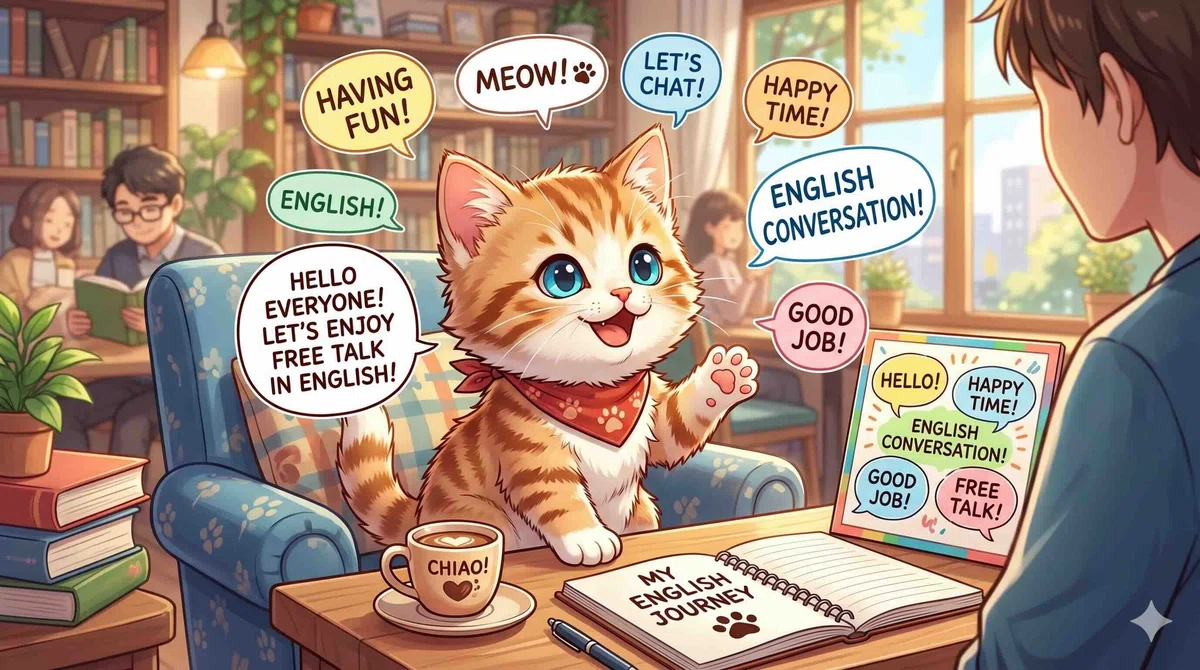 英語でフリートークを楽しむ子ネコ