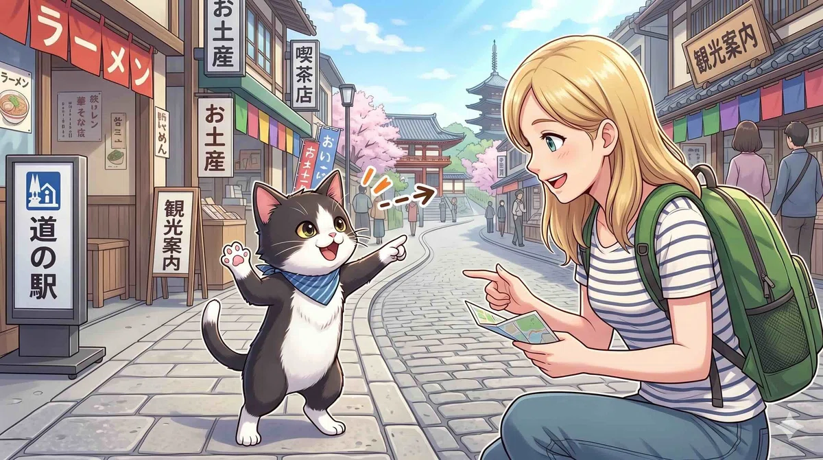 身振り手振りで道を外国人に教える子ネコ