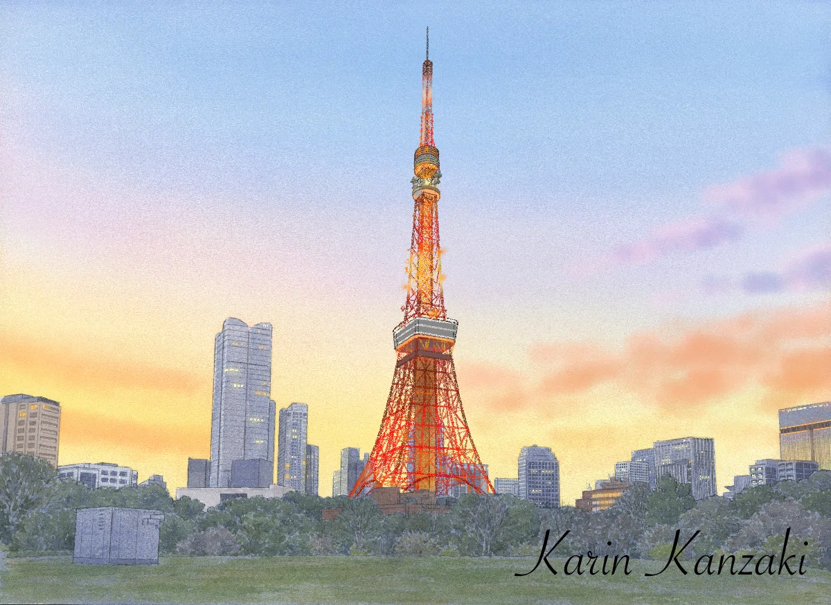 夕暮れの東京タワー 水彩風景画｜かんざきかりん
