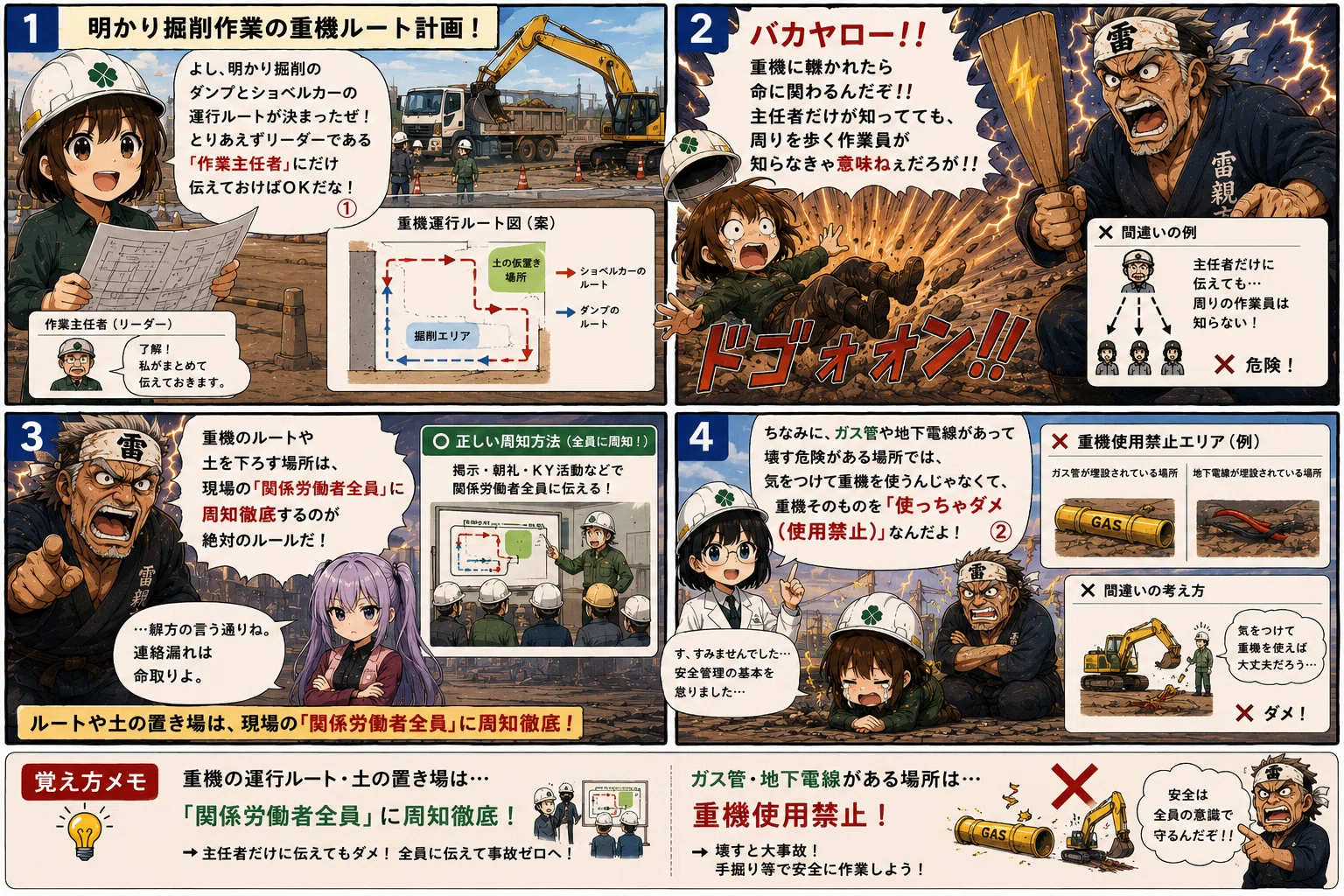 4コマでわかれ！1級土木施工管理検定】労働安全法①：重機のルートは