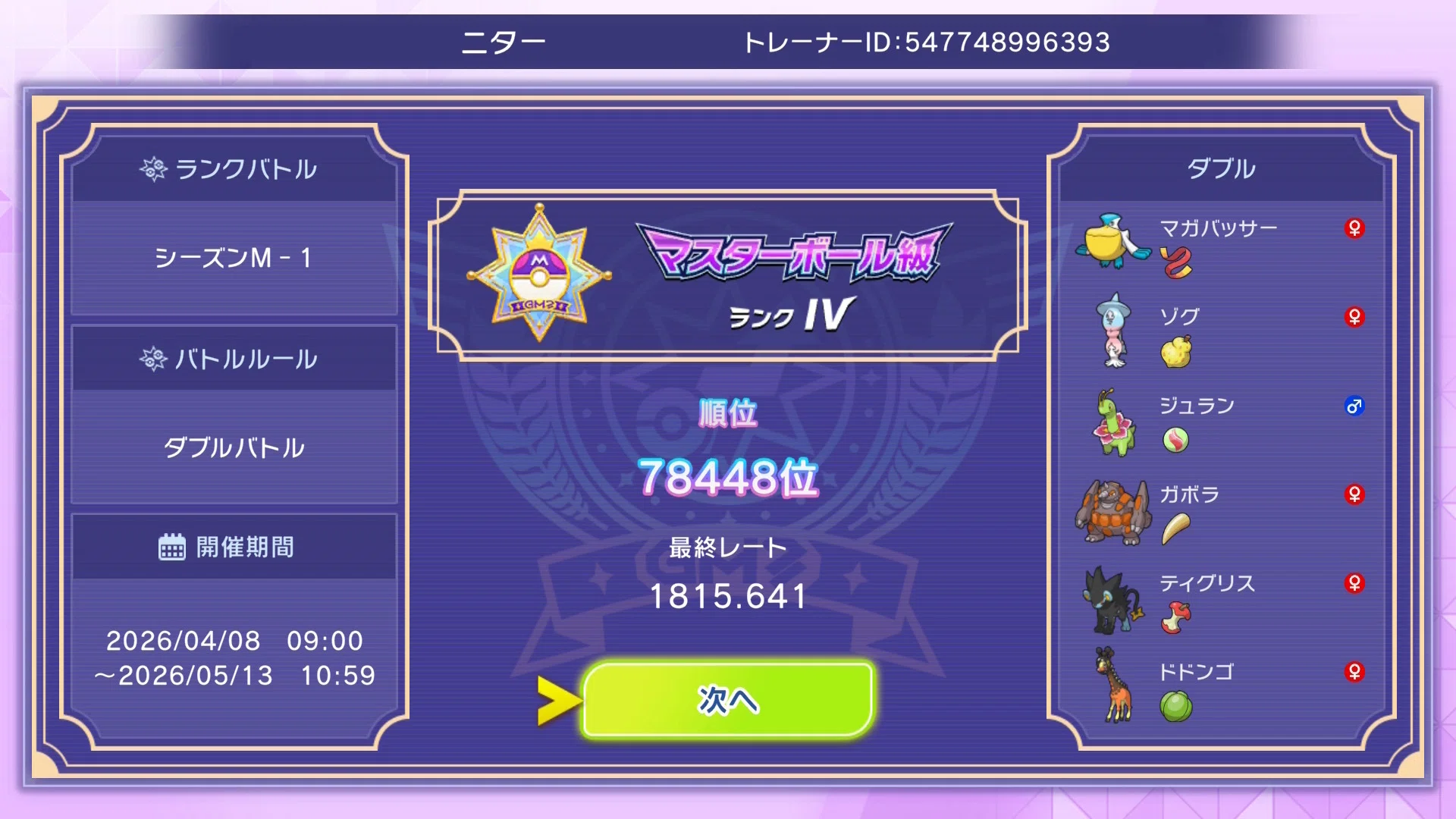 ポケモンチャンピオンズ ランクバトル シーズンM-1 まとめ｜ニター
